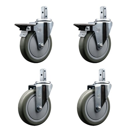 Service Caster 5'' Gray Polyurethane Wheel Swivel 7/8'' Square Stem Caster Set 2 Brakes, 4PK SCC-SQ20S514-PPUB-GRY-PLB-78-2-S-2